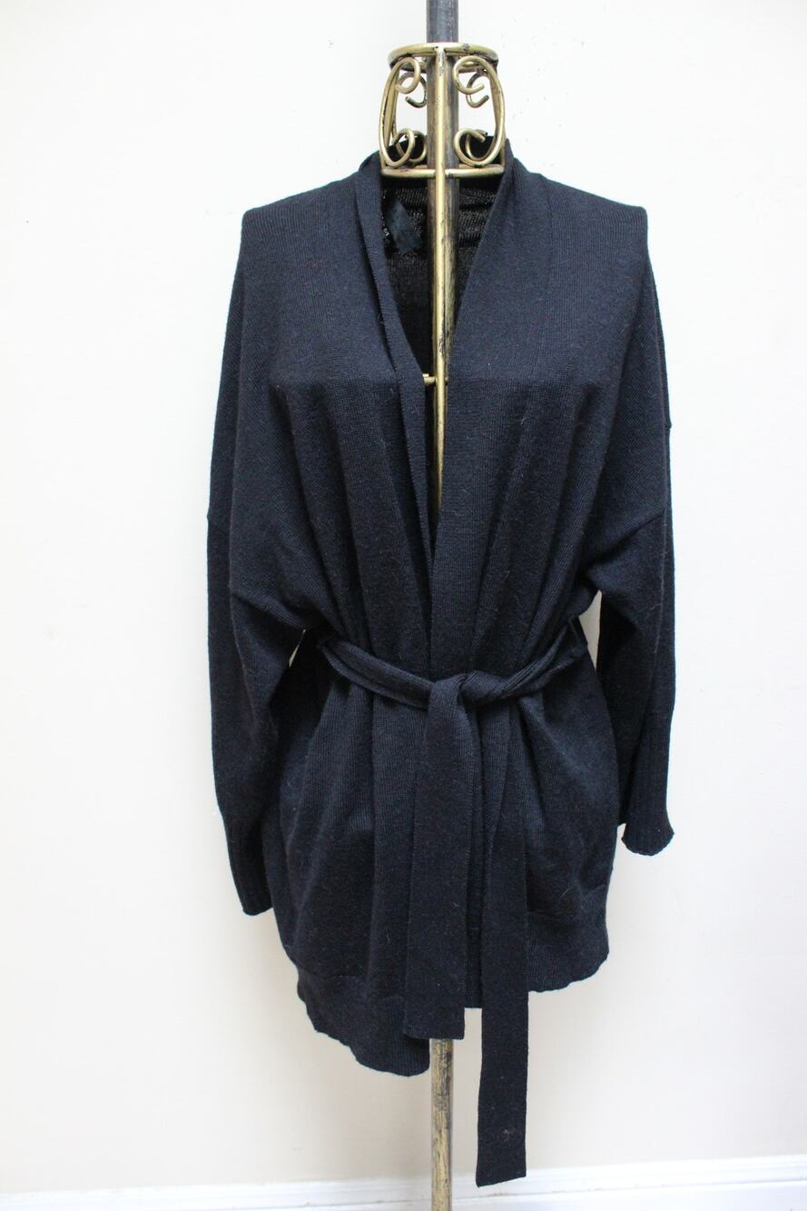 Nili Lotan Mackenzie Black Belted Drape Wool Alpaca Cardigan Sweater One Size